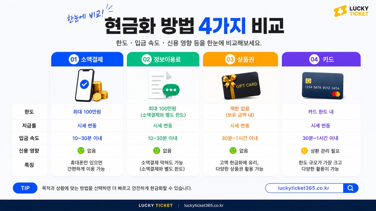 소액결제·정보이용료·상품권·카드 현금화 4가지 방법 한도와 입금 속도, 신용 영향 비교표