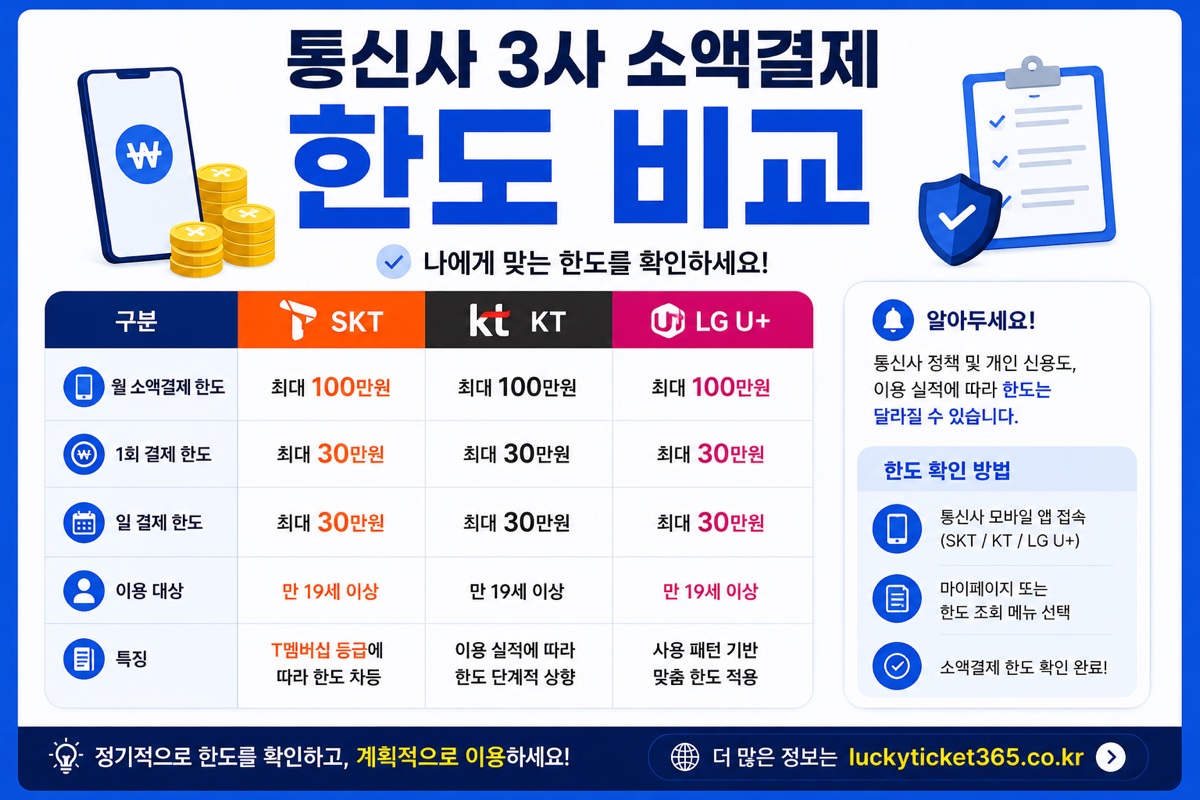 SKT KT LG U+ 통신사 3사 소액결제 한도 비교표 (월 최대 100만원)